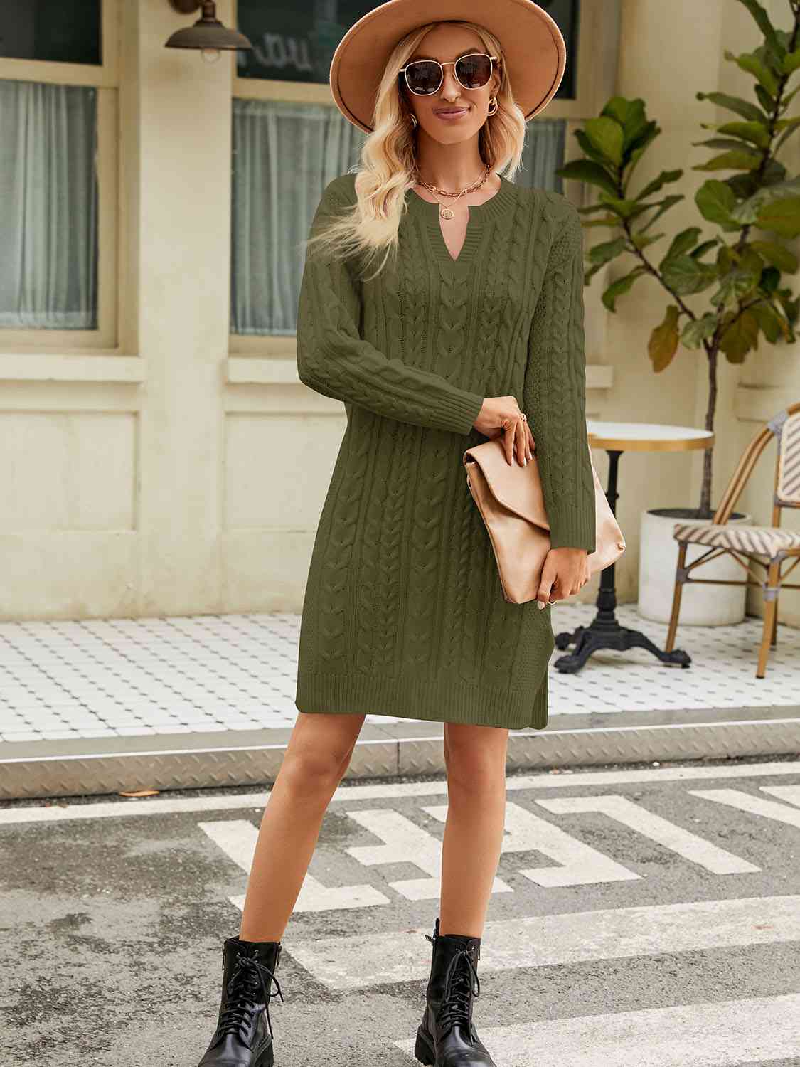 Notched Neck Cable-Knit Slit Sweater Dress Bazaarbey