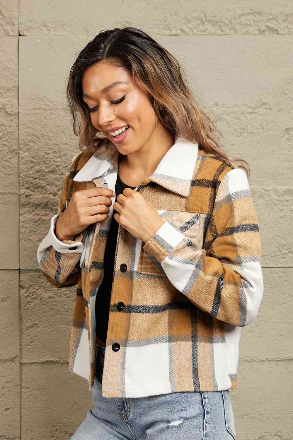  Plaid Collared Neck Jacket with Breast Pockets Trendsi