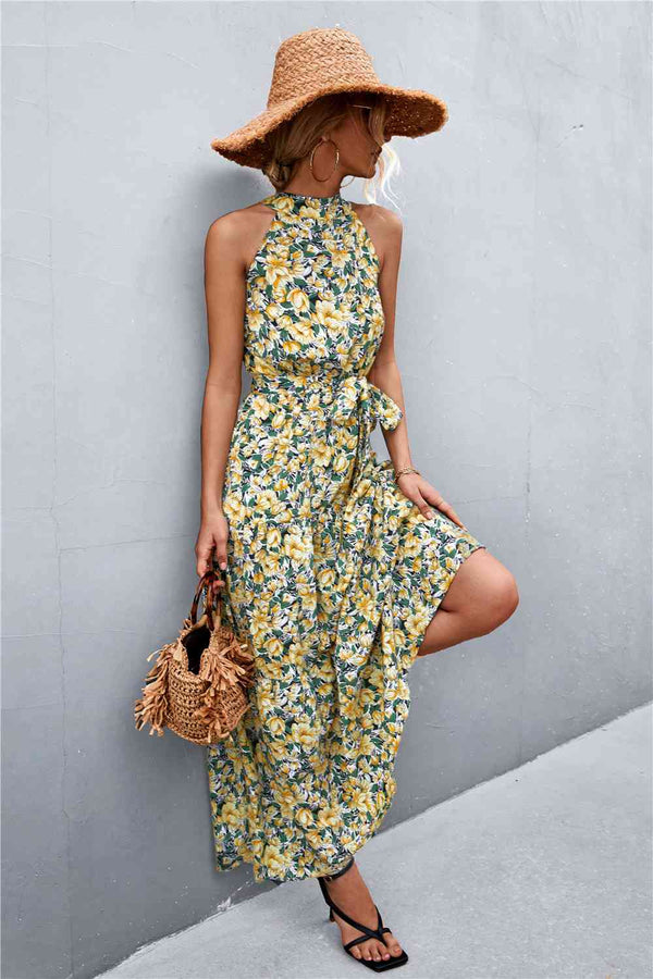 Printed Sleeveless Tie Waist Maxi Dress Bazaarbey