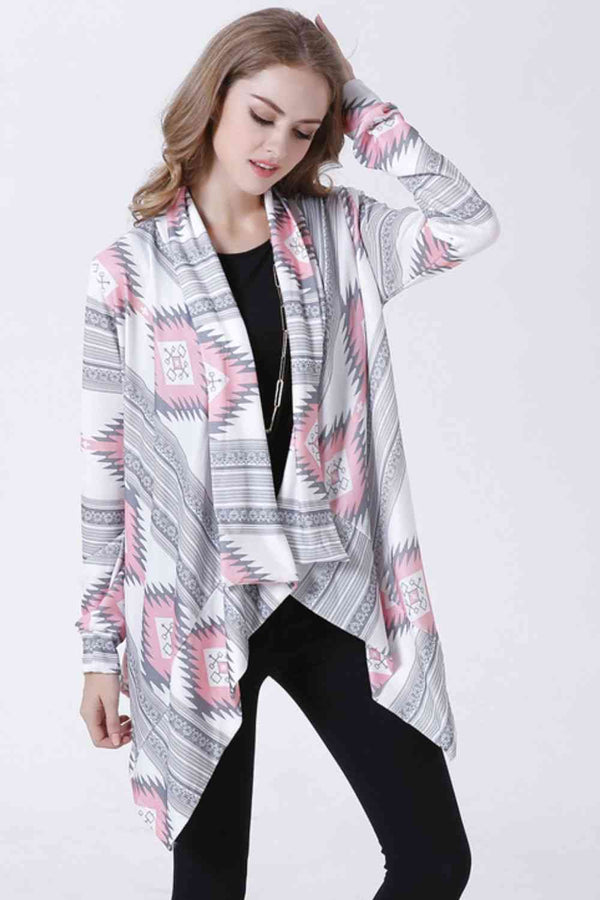 BazaarBey Geometric Open Front Handkerchief Hem Cardigan Trendsi