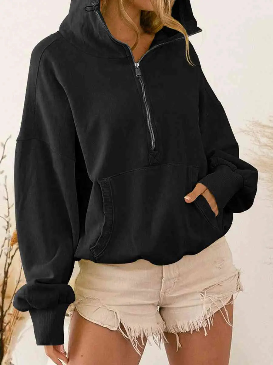 Zip-Up Dropped Shoulder Hoodie Trendsi