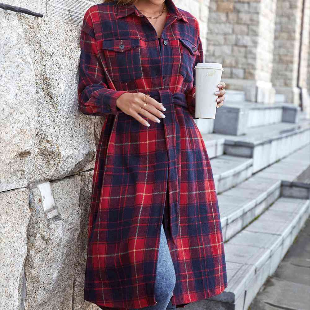  Plaid Belted Button Down  Shirt Jacket Trendsi