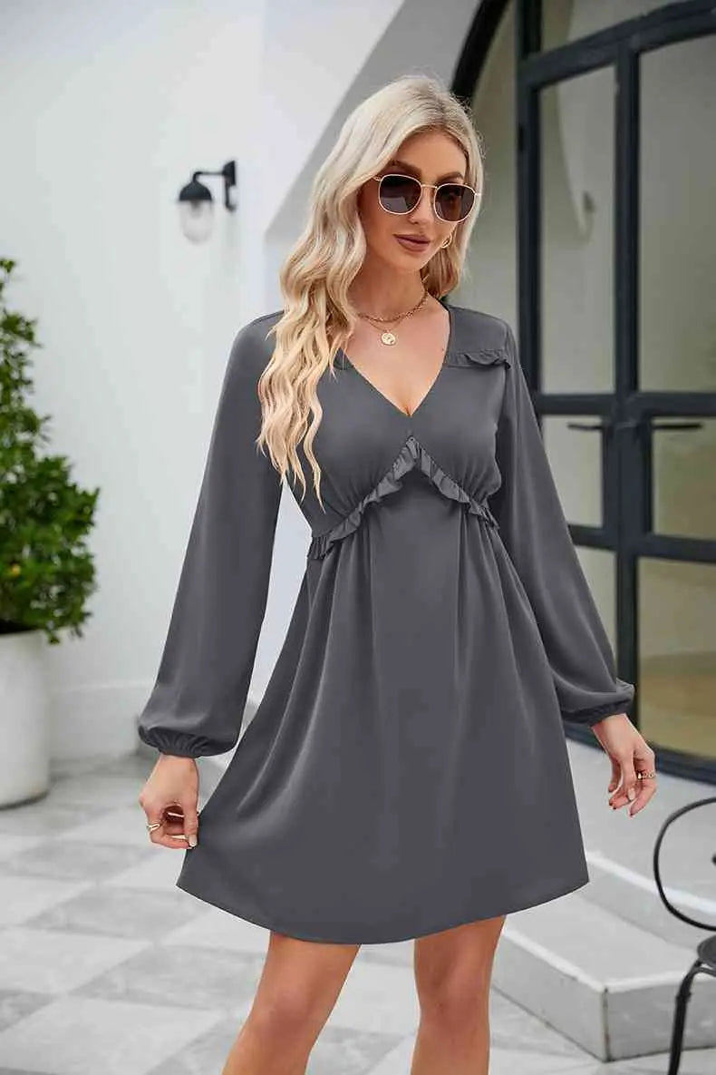 Frill Trim V-Neck Long Sleeve Dress -BazaarBey - www.shopbazaarbey.com