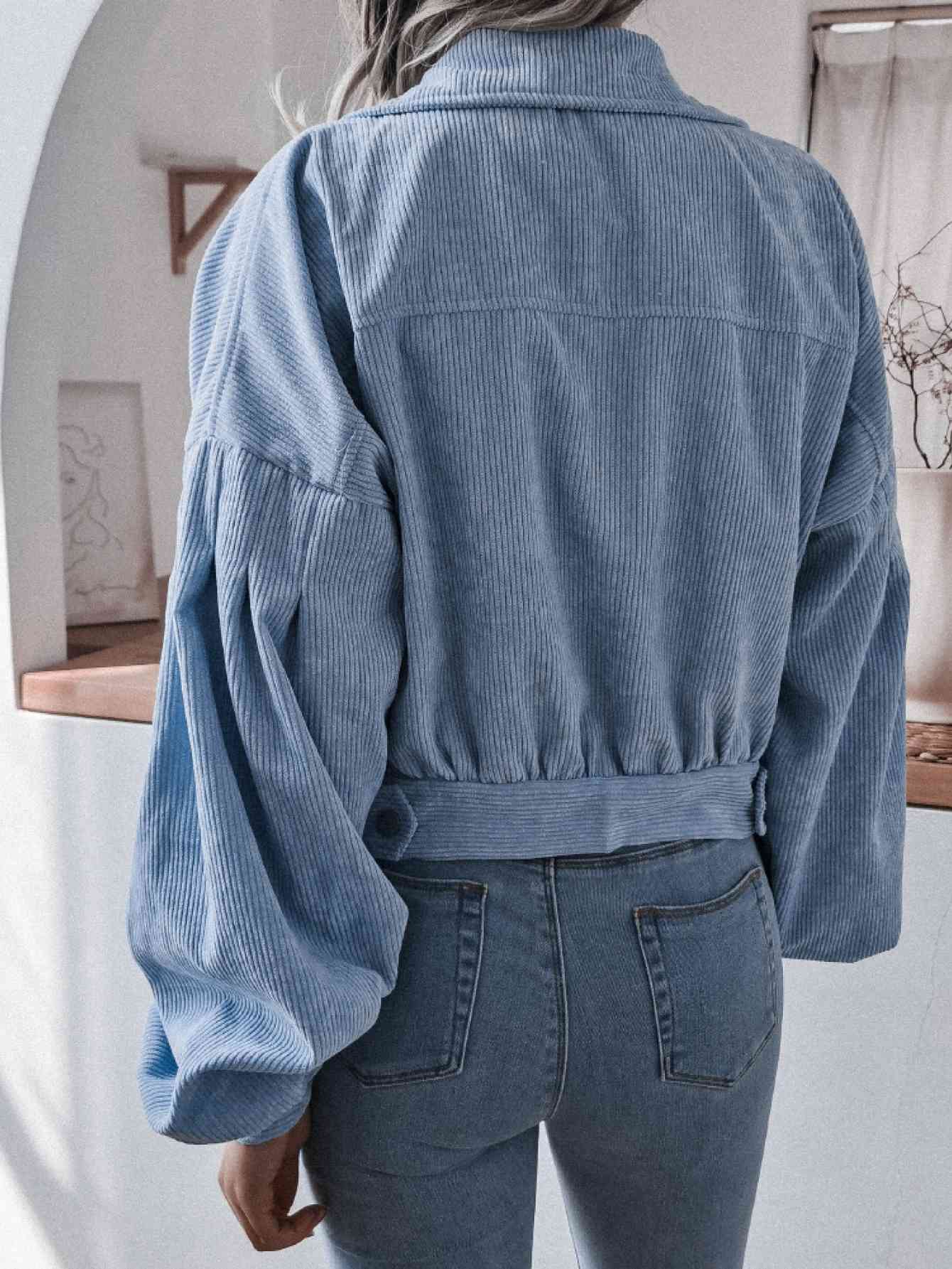 Lantern Sleeve Cropped Corduroy Jacket Trendsi