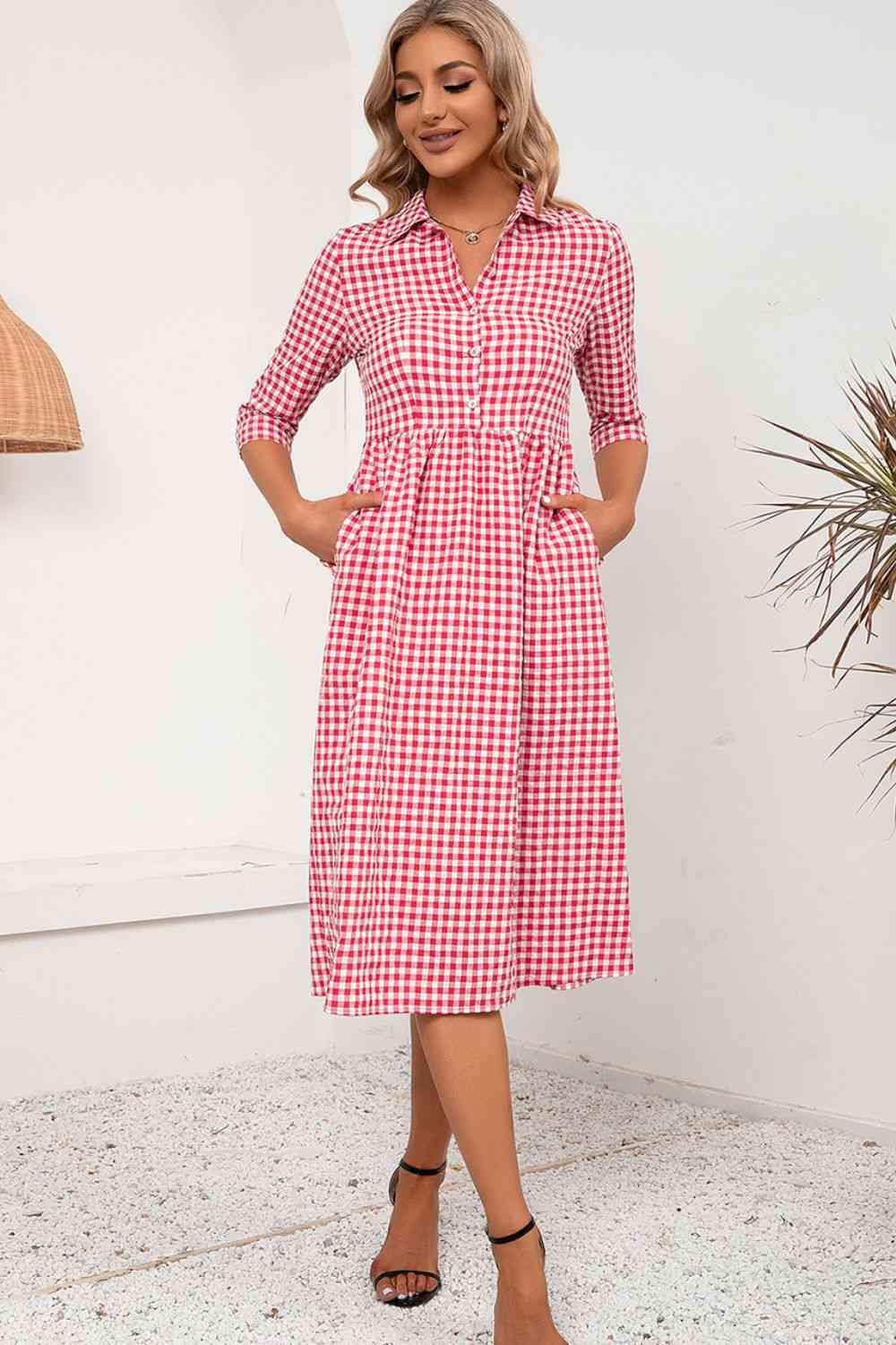 Plaid Collared Neck Midi Dress -BazaarBey - www.shopbazaarbey.com