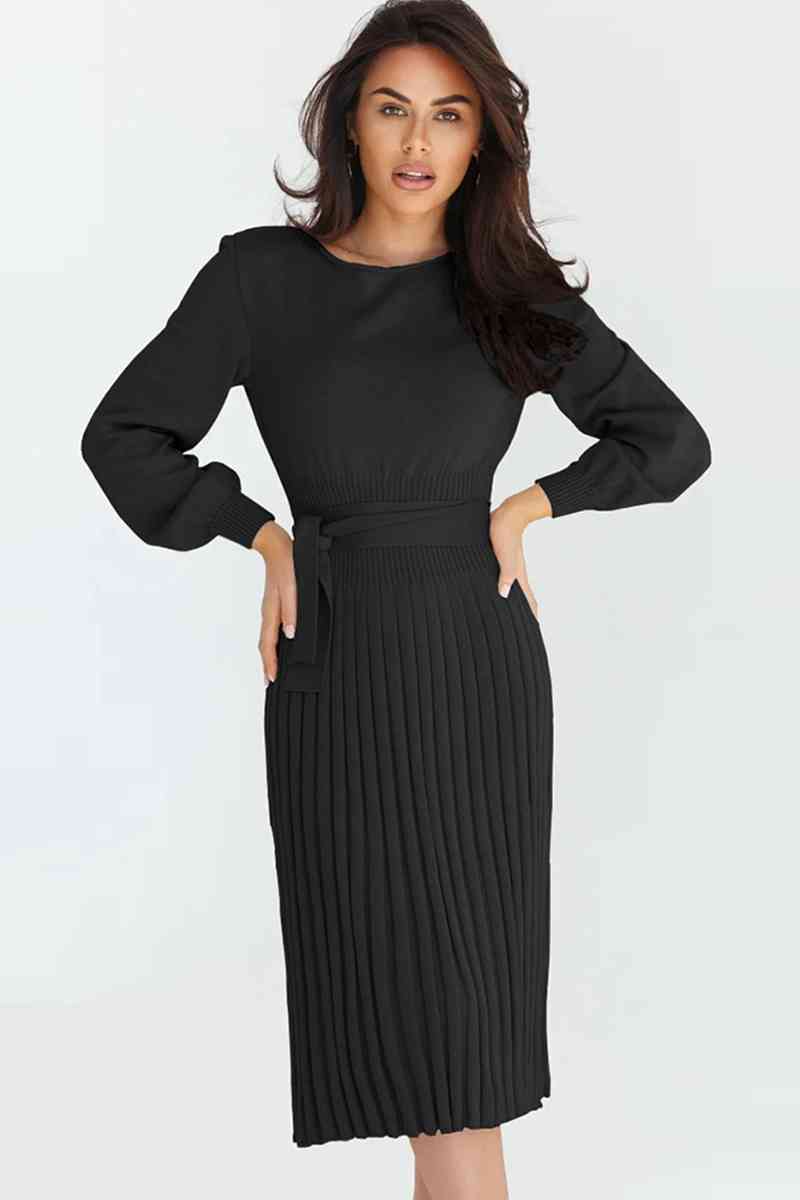 Round Neck Long Sleeve Pleated Sweater Dress Bazaarbey