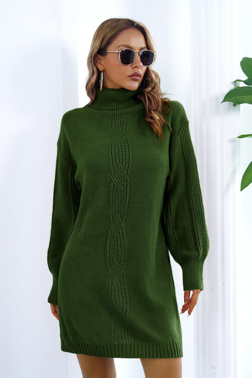 Openwork Turtleneck Long Sleeve Sweater Dress Bazaarbey