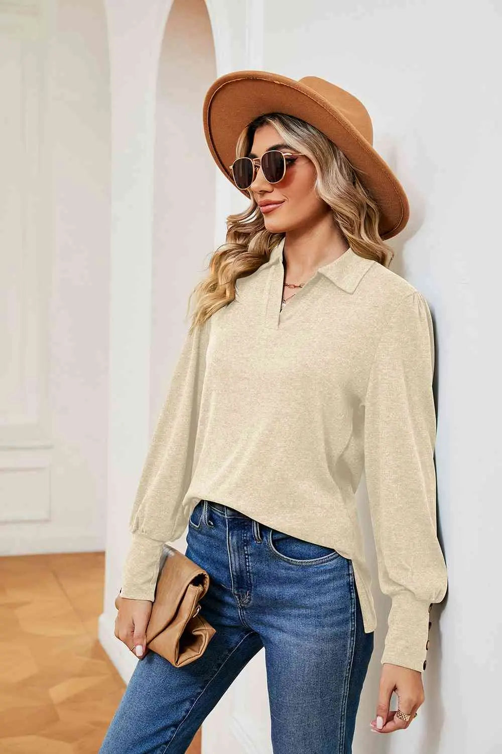 Johnny Collar Long Sleeve Top Bazaarbey