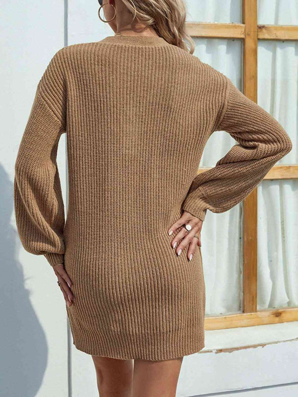 Buttoned V-Neck Sweater Dress Bazaarbey