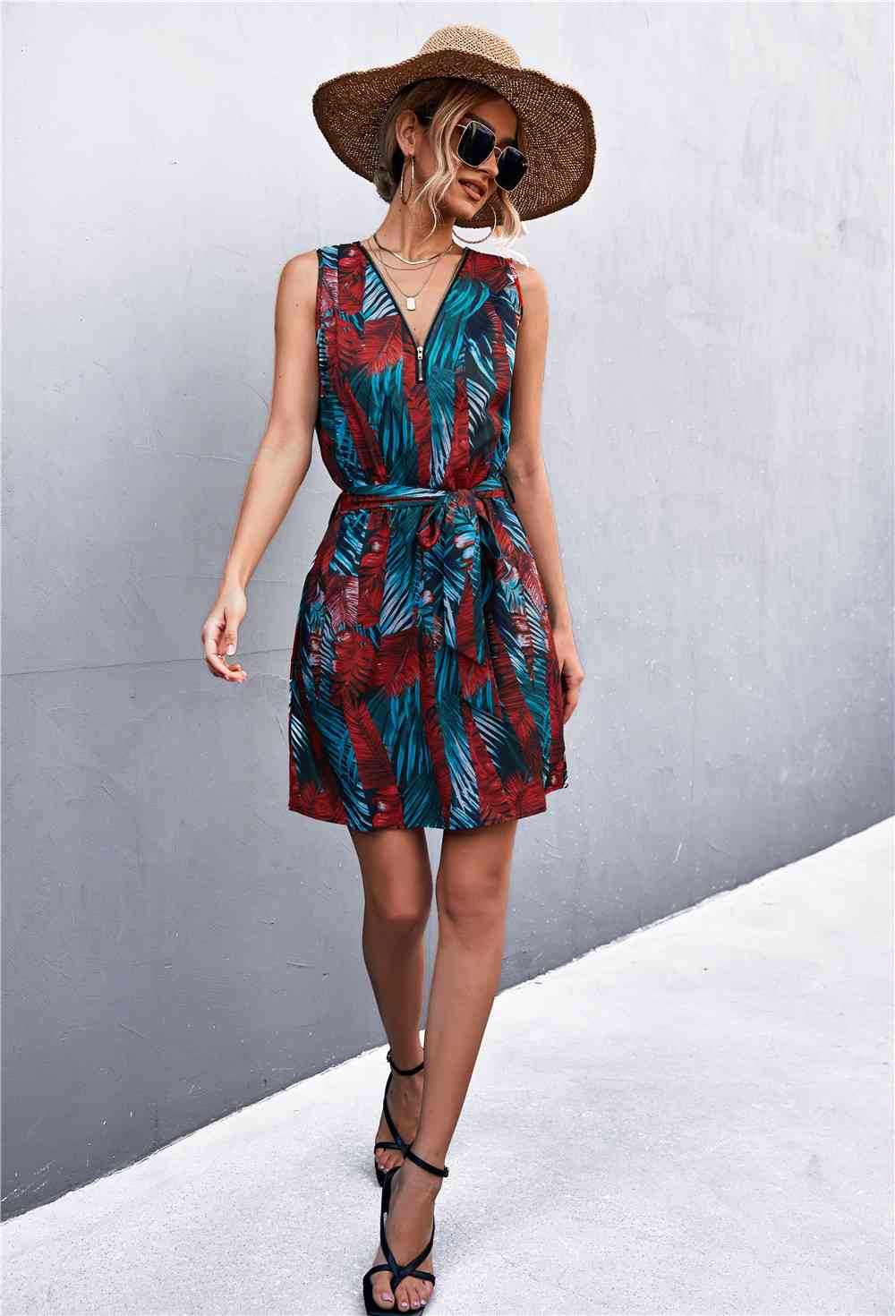 Printed Zip Detail Belted Sleeveless Dress -BazaarBey - www.shopbazaarbey.com