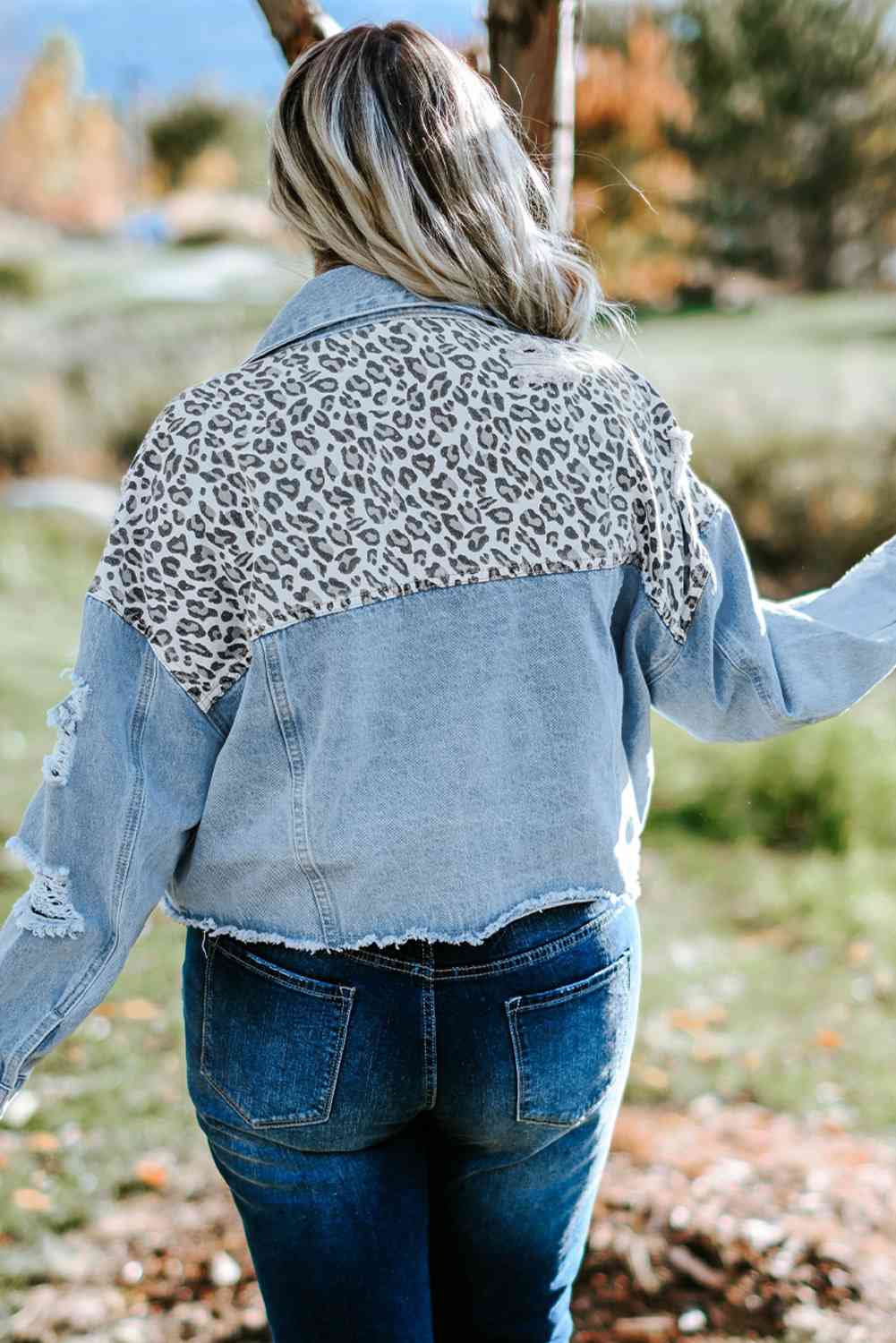 Plus Size Leopard Raw Hem Distressed Spliced Denim Jacket Bazaarbey