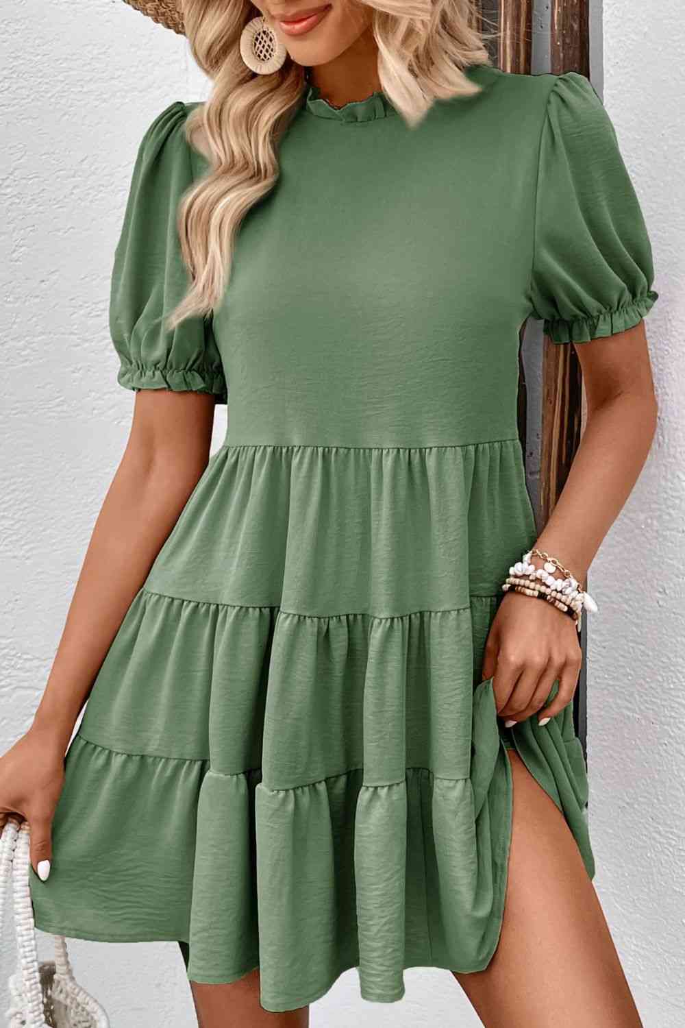 Puff Sleeve Tie Back Tiered Dress -BazaarBey - www.shopbazaarbey.com