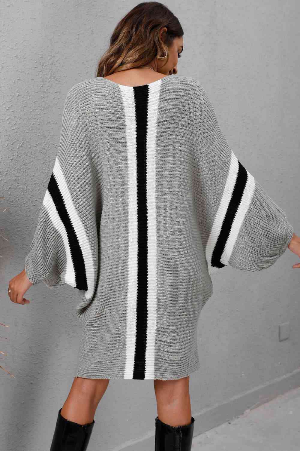 Ribbed Round Neck Long Sleeve Sweater Dress Bazaarbey