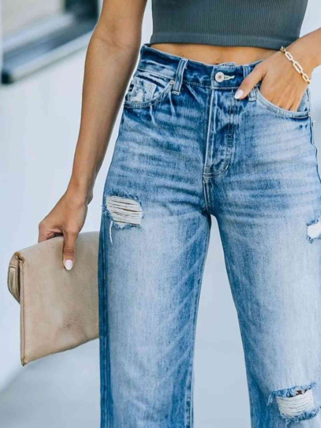 Distressed Straight Leg Jeans Trendsi