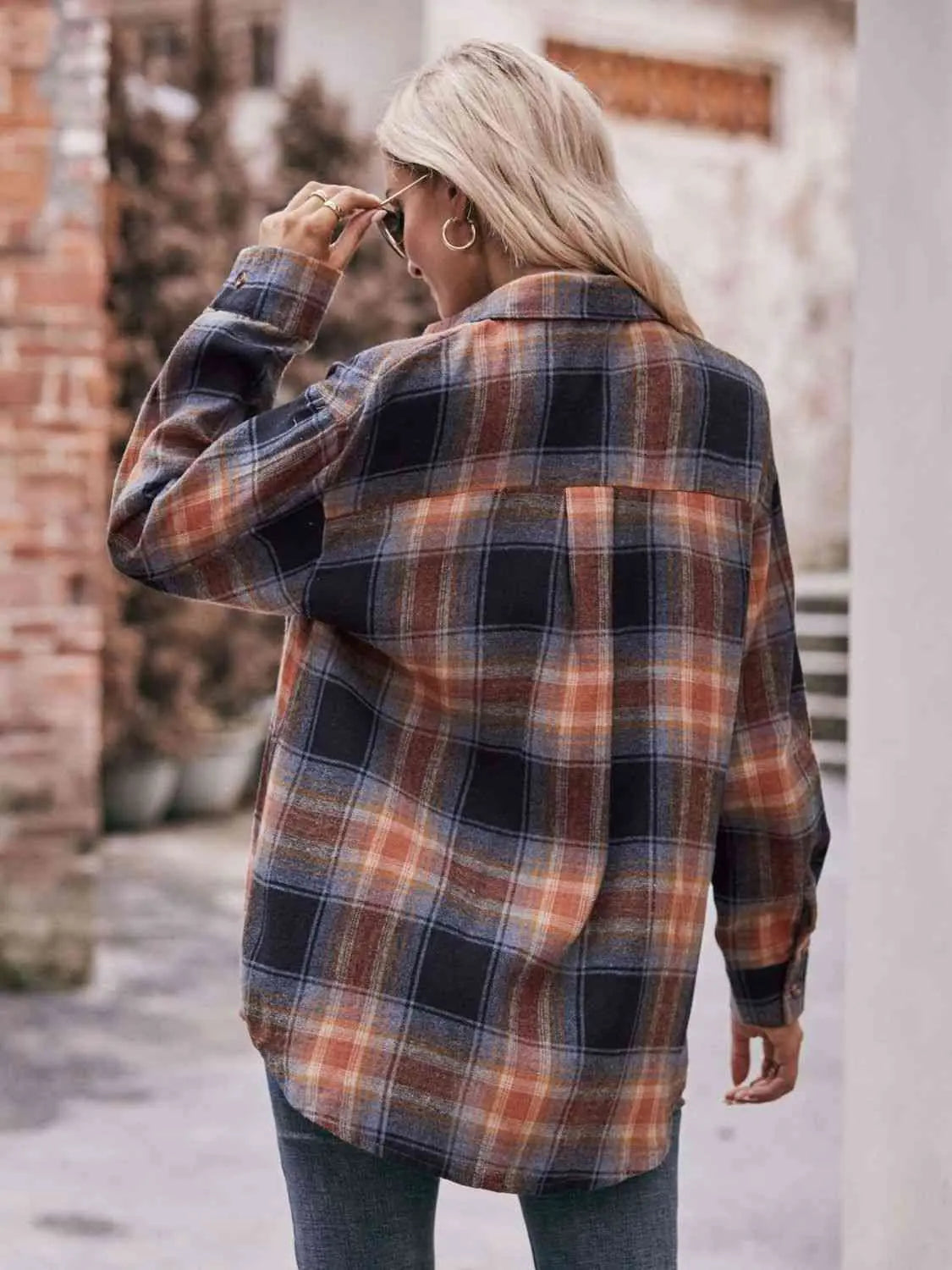 Plaid Dropped Shoulder Longline Shirt Trendsi