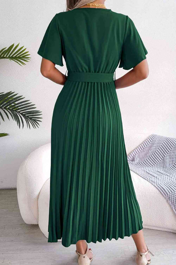 Pleated Flutter Sleeve Belted Dress -BazaarBey - www.shopbazaarbey.com