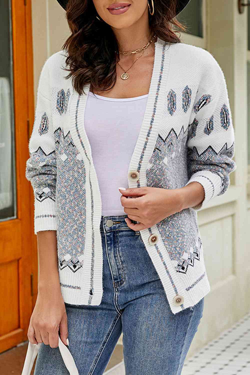 Printed V-Neck Buttoned Cardigan Trendsi