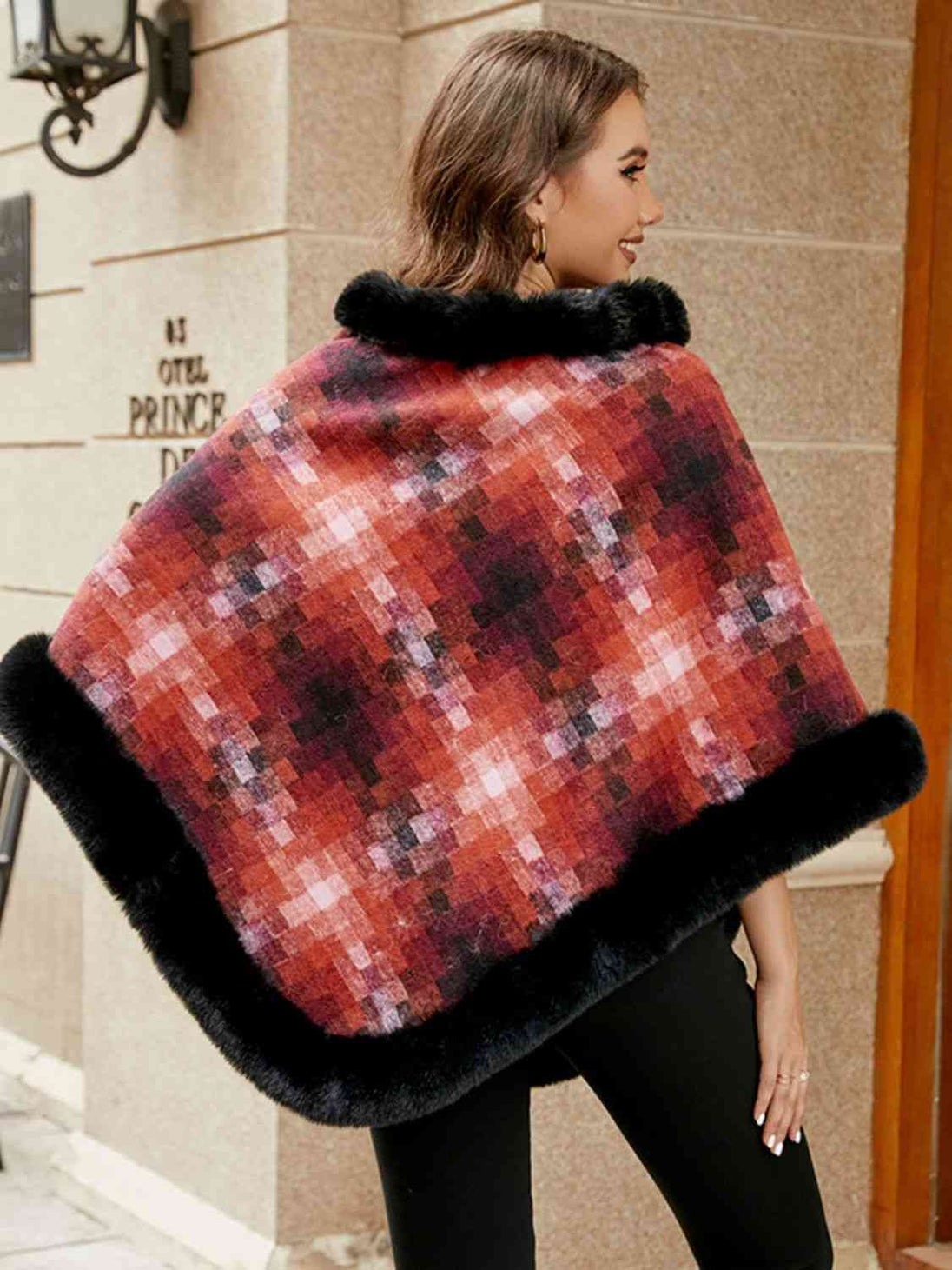 Faux Fur Trim Poncho Trendsi