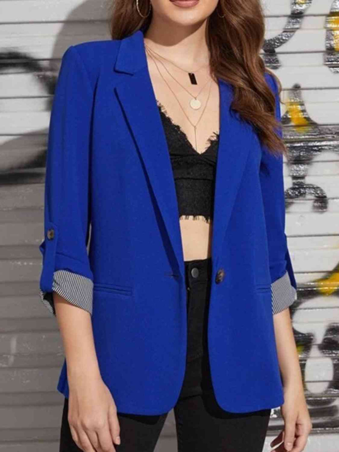 Lapel Collar Roll-Tab Sleeve Blazer Bazaarbey