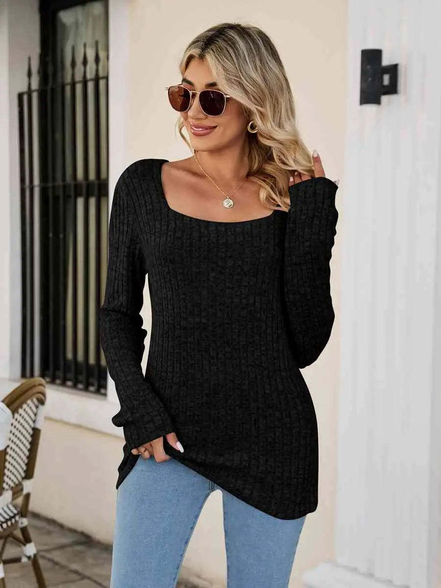 Square Neck Ribbed Long Sleeve T-Shirt Trendsi