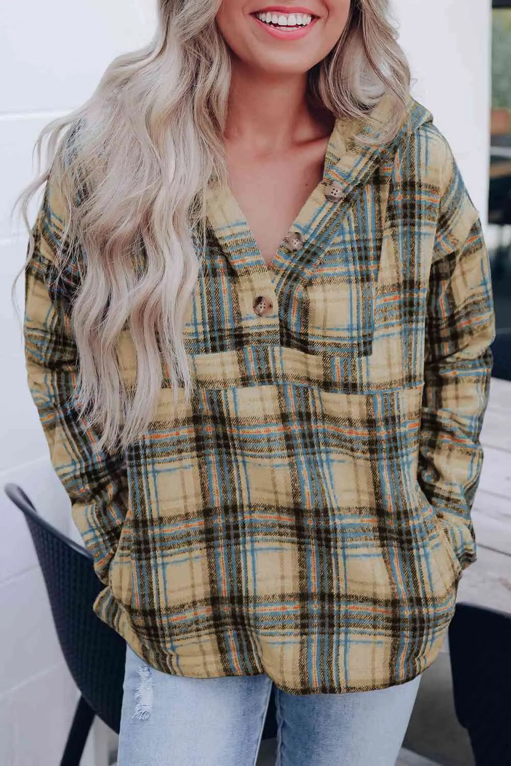 BazaarBey Plaid Long Sleeve Buttoned Hoodie Trendsi