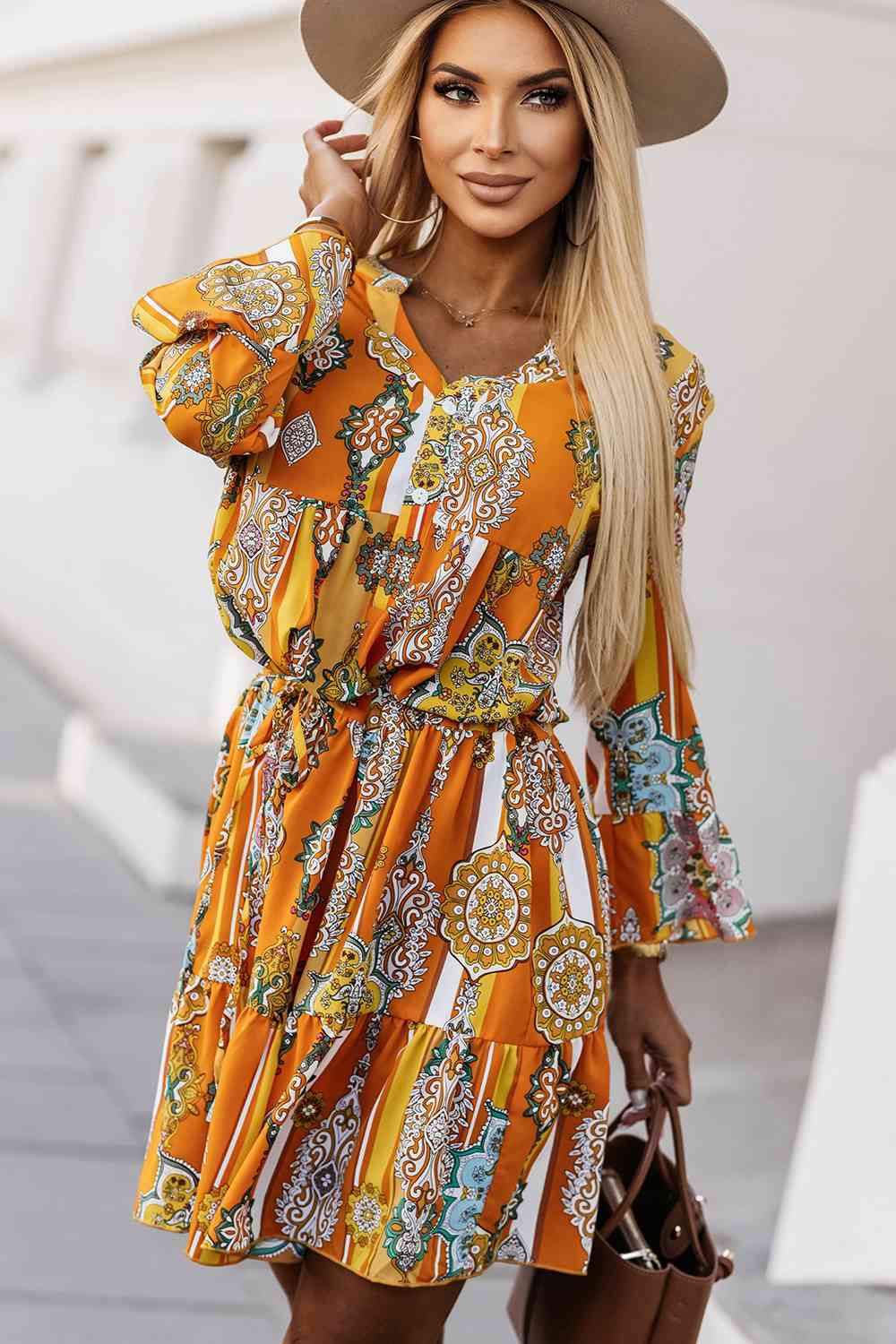 Printed Notched Neck Flounce Sleeve Dress -BazaarBey - www.shopbazaarbey.com