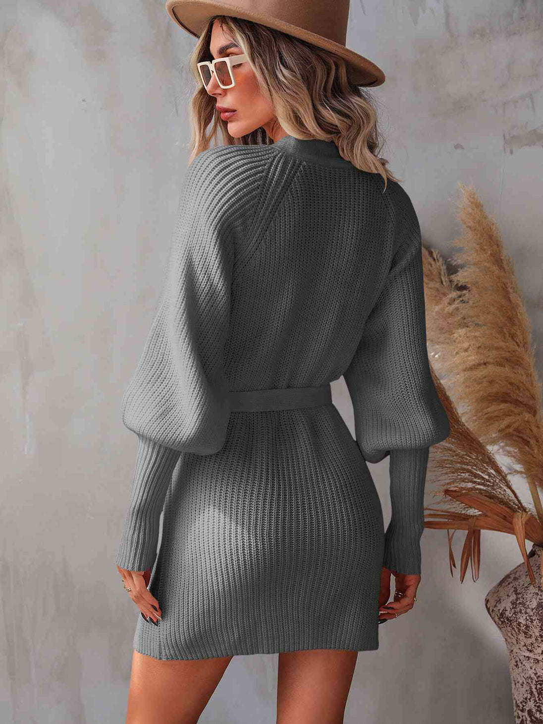 Belted Surplice Lantern Sleeve Wrap Sweater Dress Bazaarbey