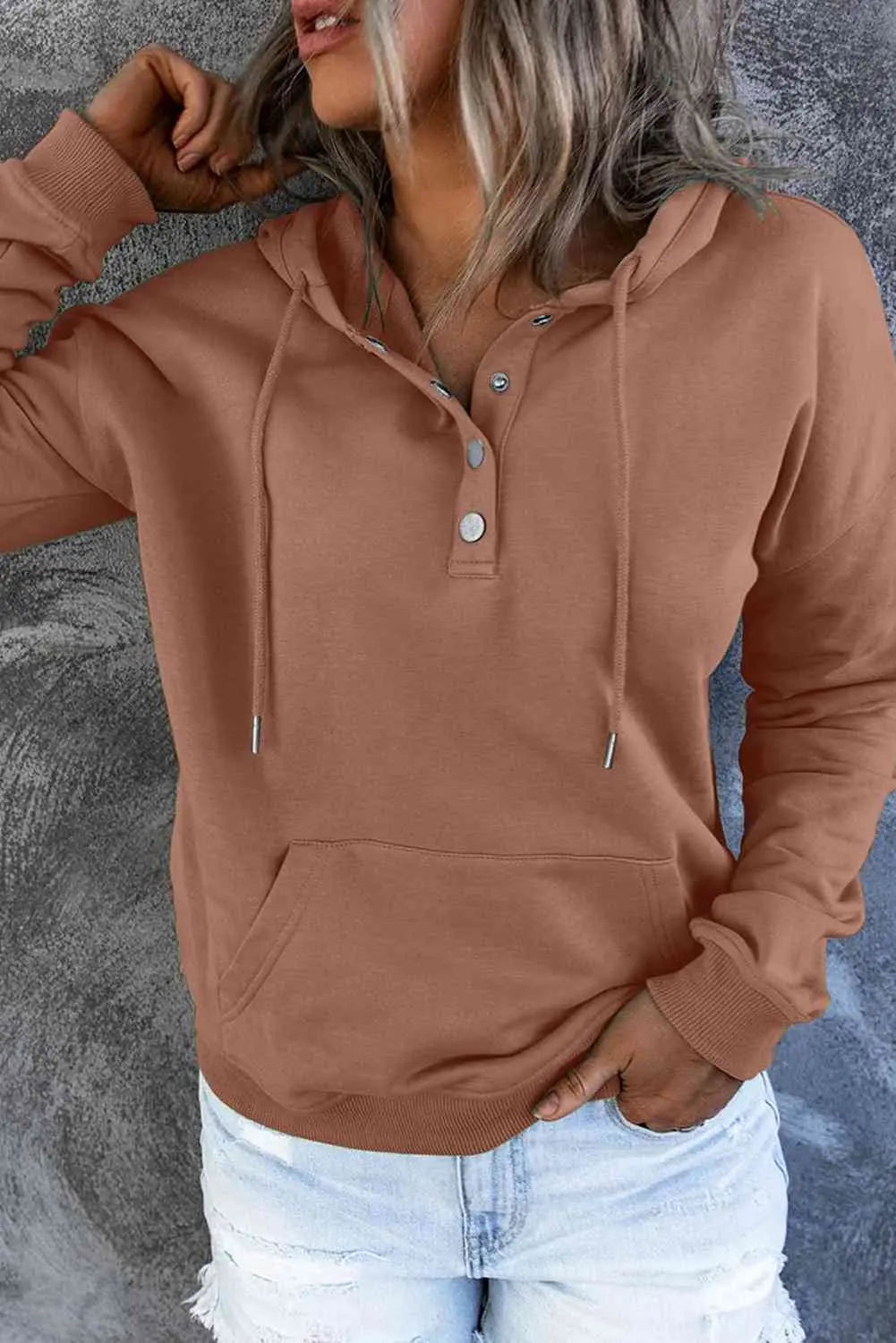 Dropped Shoulder Long Sleeve Hoodie with Pocket Trendsi