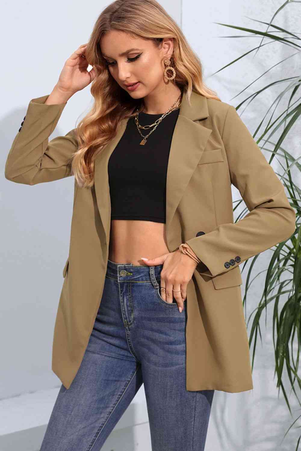 Lapel Neck Long Sleeve Blazer with Pockets Trendsi