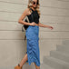 Drawstring Ruched Slit Denim Midi Skirt Bazaarbey