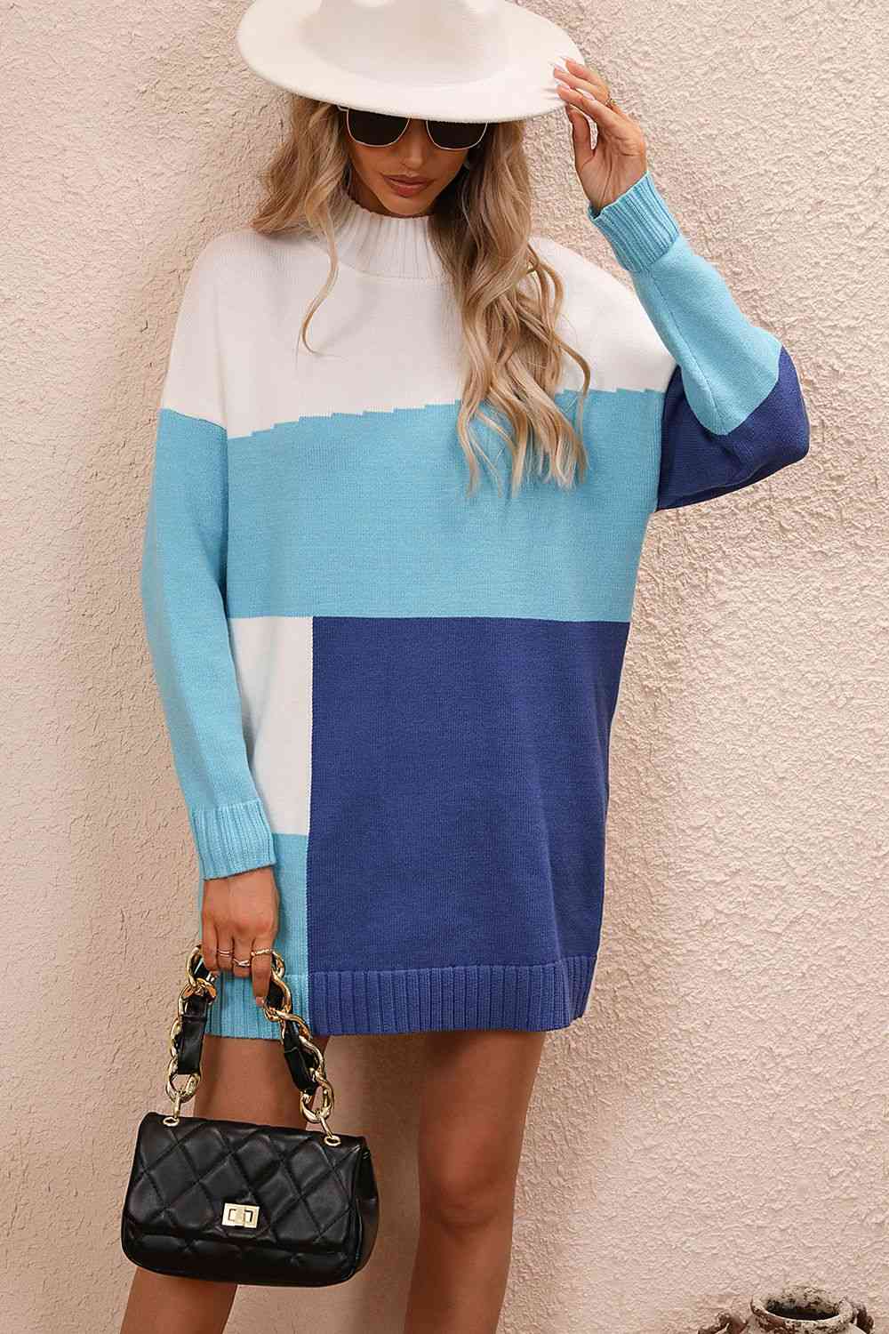 Color Block Mock Neck Dropped Shoulder Sweater Dress Bazaarbey