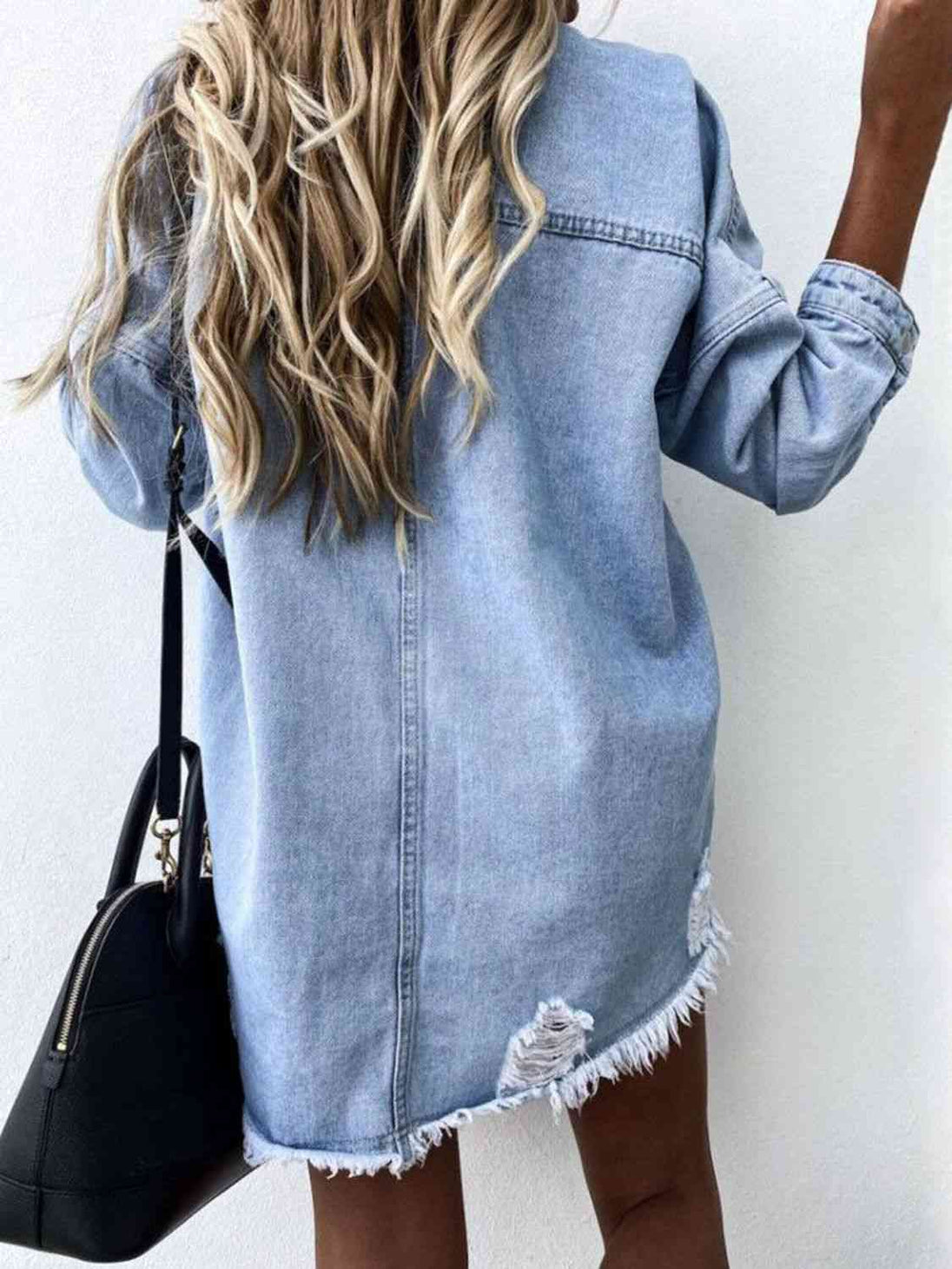 Raw Hem Collared Neck Long Sleeve Denim Jacket Bazaarbey