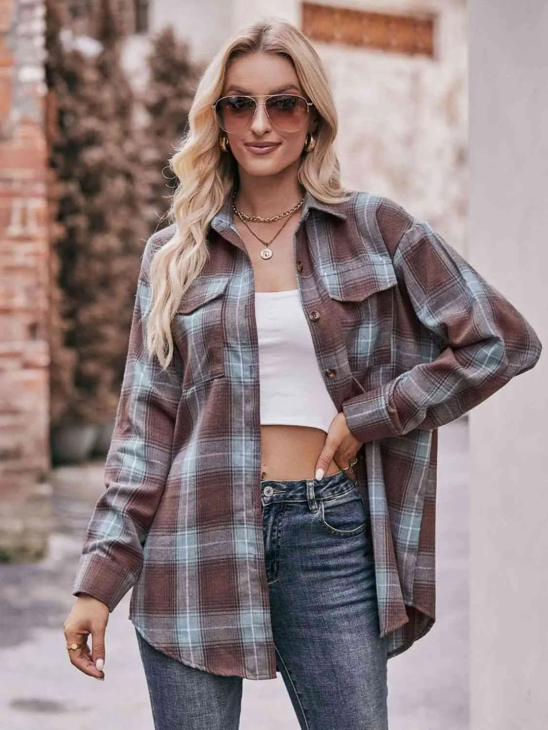 Plaid Dropped Shoulder Longline Shirt Trendsi