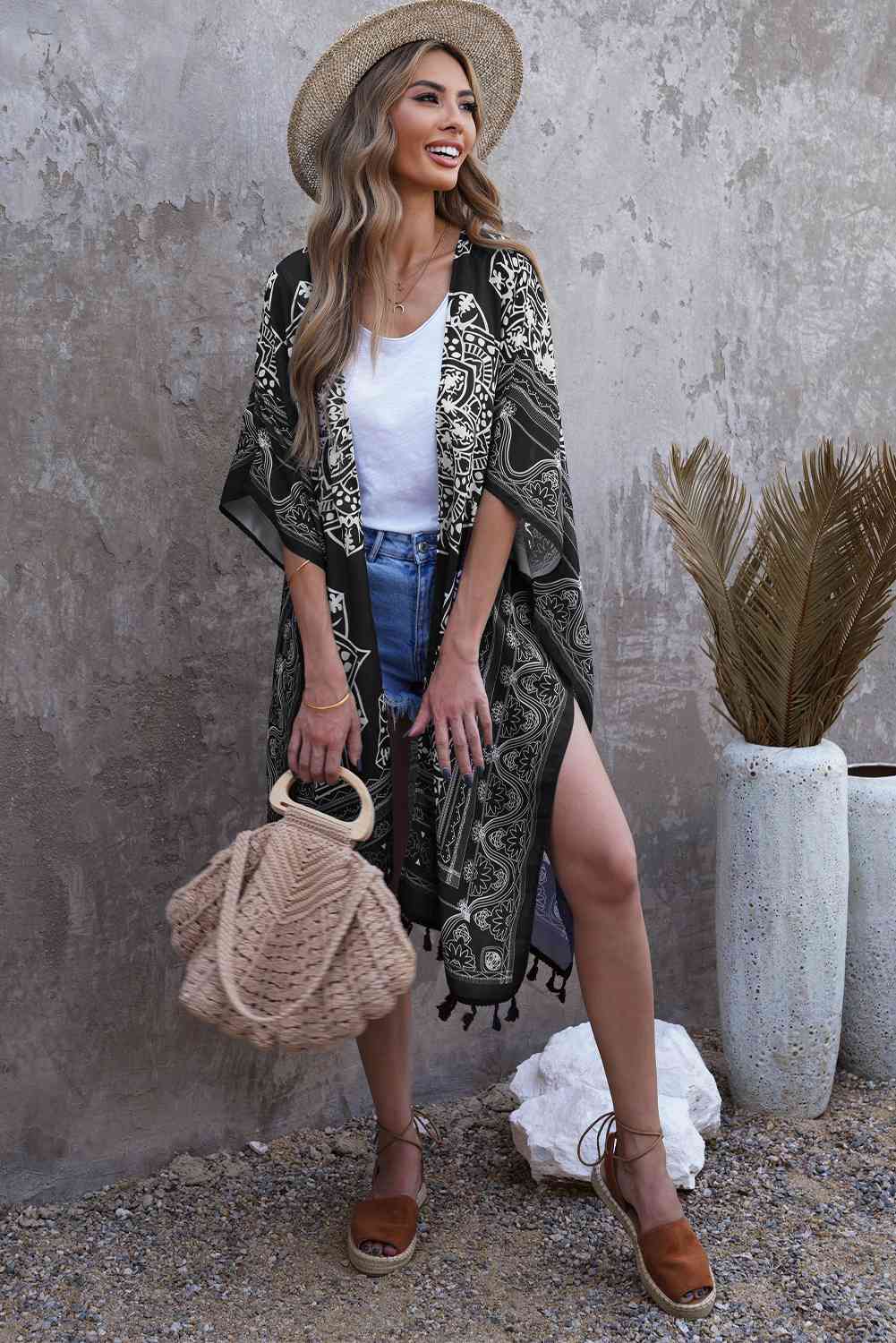 Printed Tassel Trim  Cardigan Bazaarbey