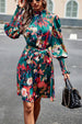 Printed Tie Waist Mock Neck Lantern Sleeve Dress -BazaarBey - www.shopbazaarbey.com