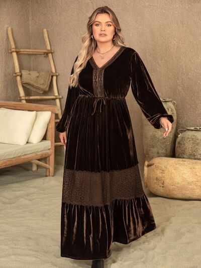 Plus Size V-Neck Balloon Sleeve Maxi Dress -BazaarBey - www.shopbazaarbey.com