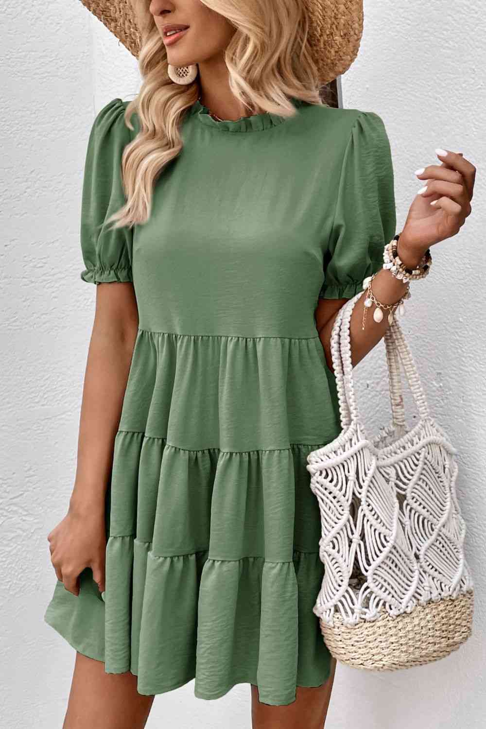 Puff Sleeve Tie Back Tiered Dress -BazaarBey - www.shopbazaarbey.com