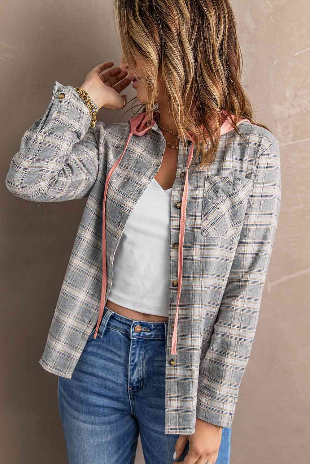 Plaid Drawstring Hooded Shirt Jacket Trendsi