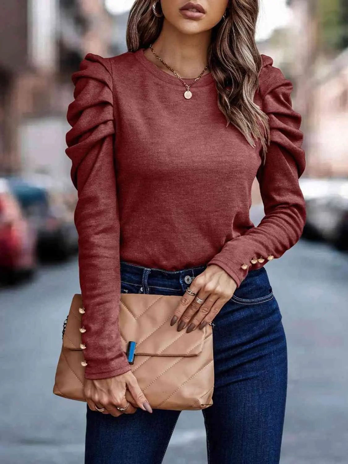 Decorative Button Puff Sleeve T-Shirt Trendsi