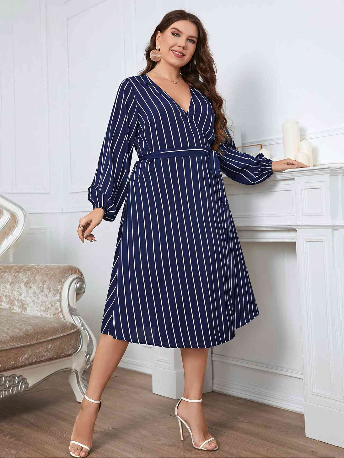  Apparel Plus Size Striped  Neck Long Sleeve Dress -BazaarBey - www.shopbazaarbey.com