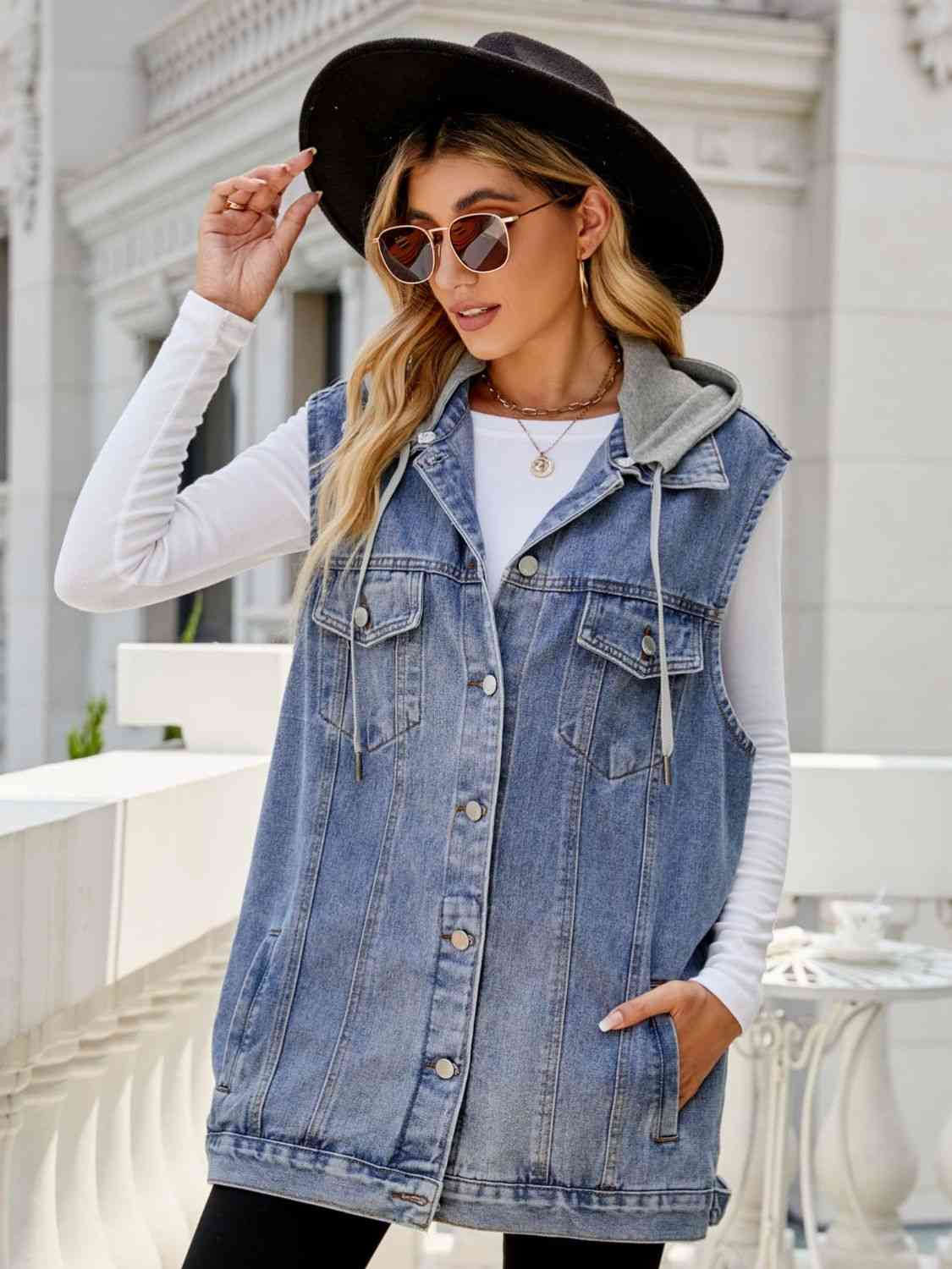 Drawstring Hooded Sleeveless Denim Top with Pockets Bazaarbey