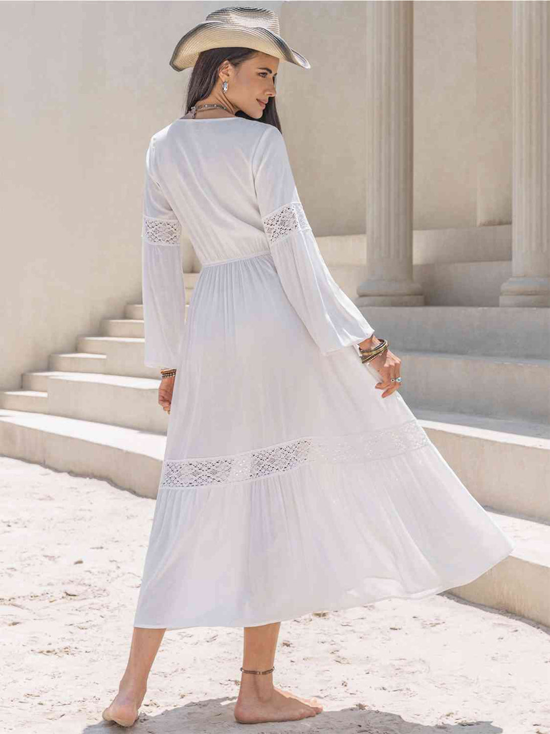 Tie Neck Balloon Sleeve Midi Dress -BazaarBey - www.shopbazaarbey.com