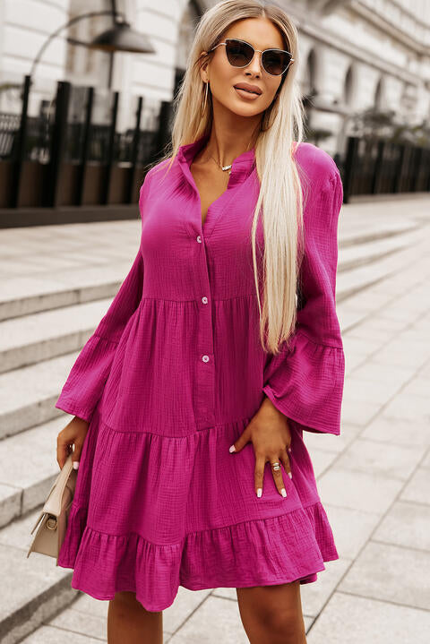 Buttoned Flare Sleeve Tiered Dress Bazaarbey