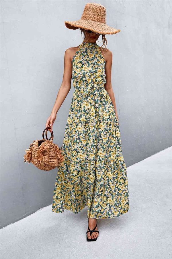 Printed Sleeveless Tie Waist Maxi Dress Bazaarbey