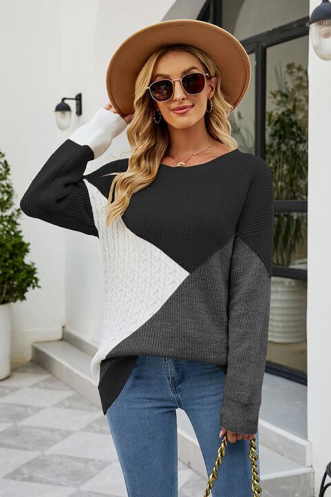 Color Block Round Neck Sweater Bazaarbey