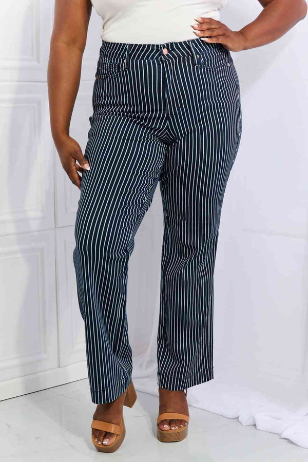    High Waisted Tummy Control Striped Straight Jeans Trendsi