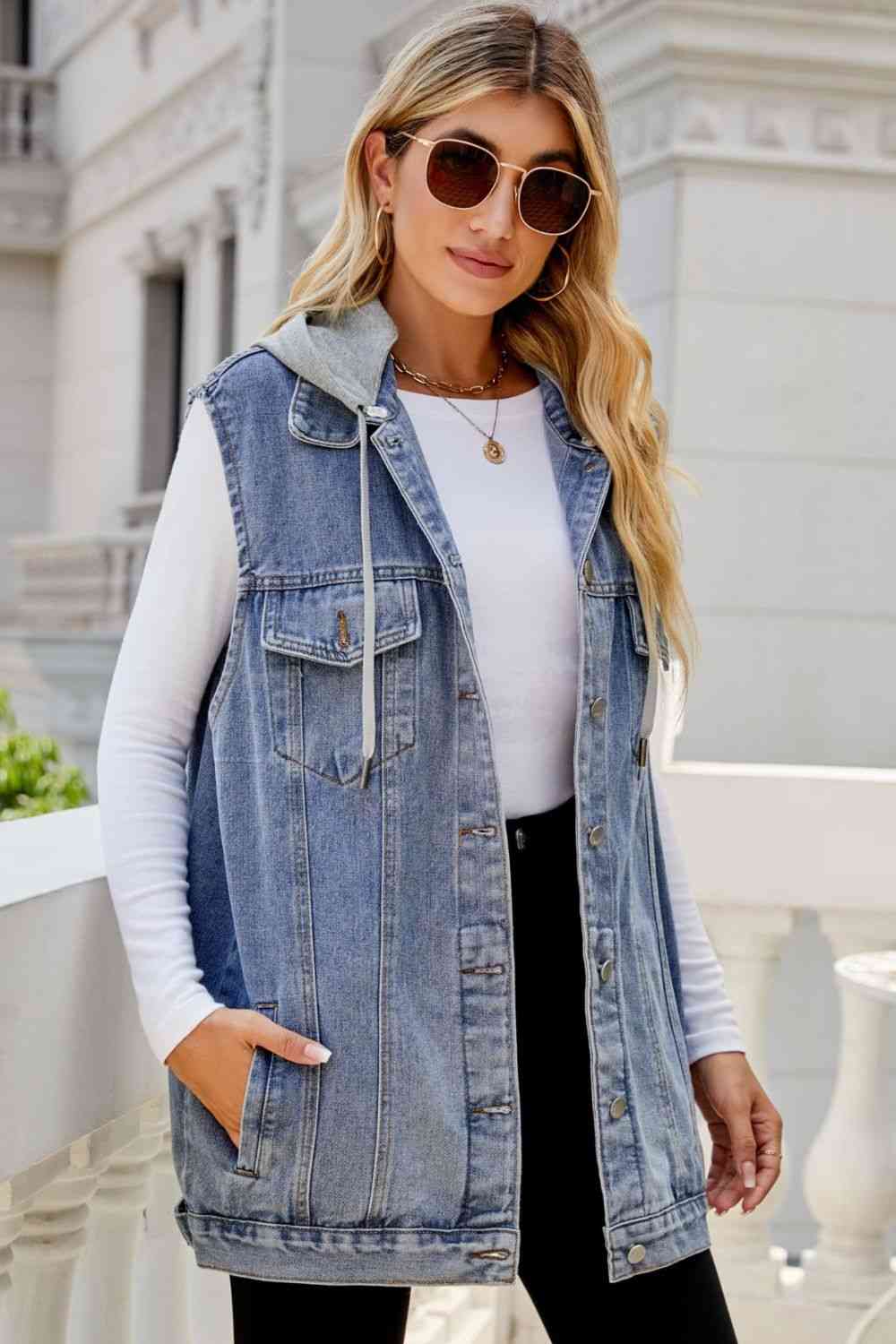 Drawstring Hooded Sleeveless Denim Top with Pockets Bazaarbey