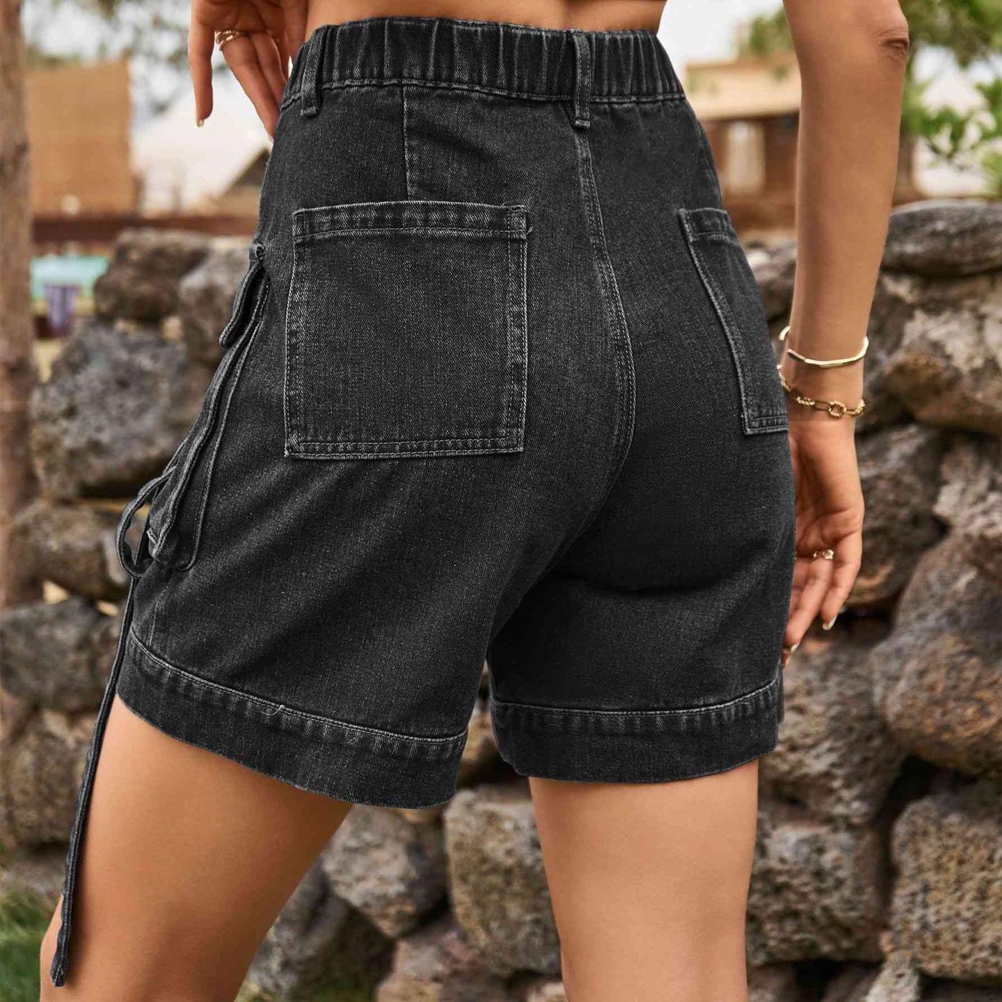 High Waist Denim Cargo Shorts Bazaarbey