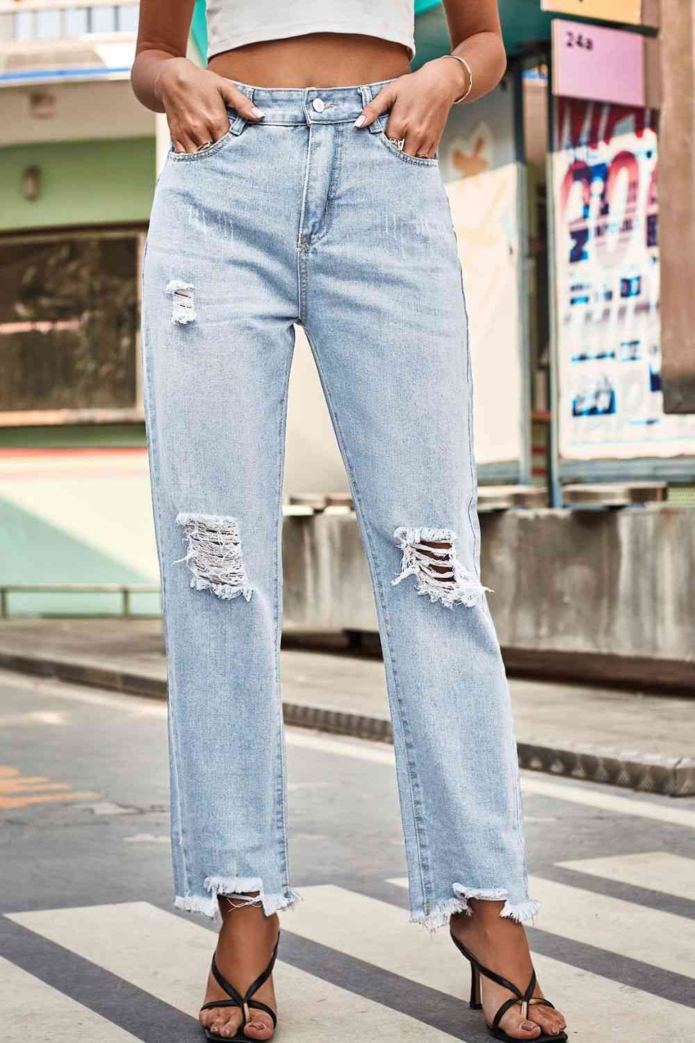 Distressed Buttoned Loose Fit Jeans Trendsi