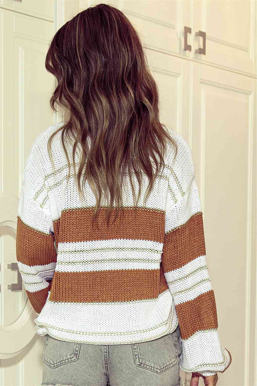 Striped Drop Shoulder Lantern Sleeve Sweater Bazaarbey